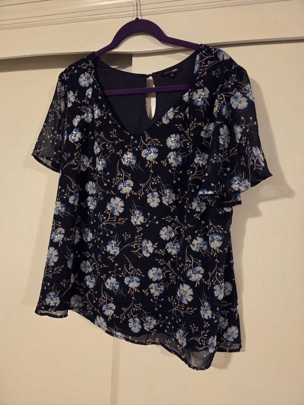 Papermoon Navy Blue Floral V-Neck Flutter Sleeve Blouse